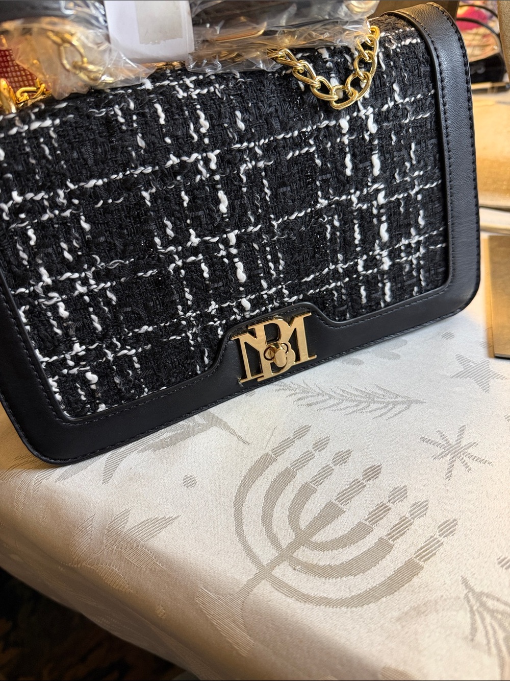 Badgley Mischka Black and White Tweed Crossbody Bag with Gold Hardware